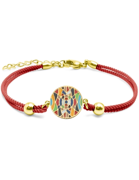 Bracelet acier PVD doré - coton rouge - email - 15+5cm