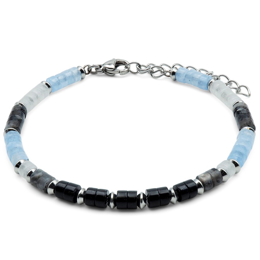 Bracelet acier heishi - labradorite - aigue marine - pierre de lune - 18+5cm