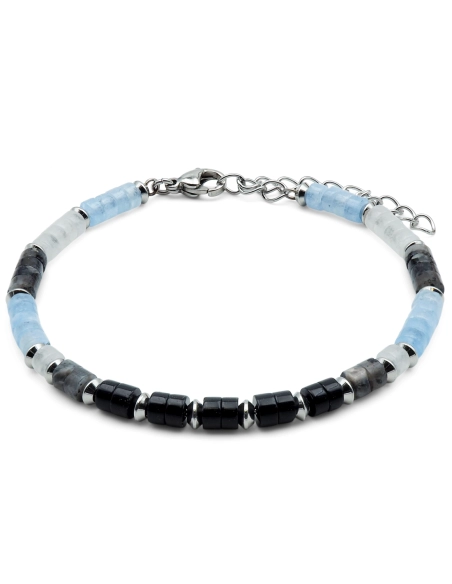 Bracelet acier heishi - labradorite - aigue marine - pierre de lune - 18+5cm
