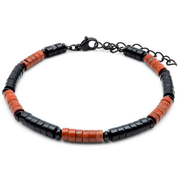 Bracelet acier PVD noir heishi - jaspe rouge - onyx - 18+5cm