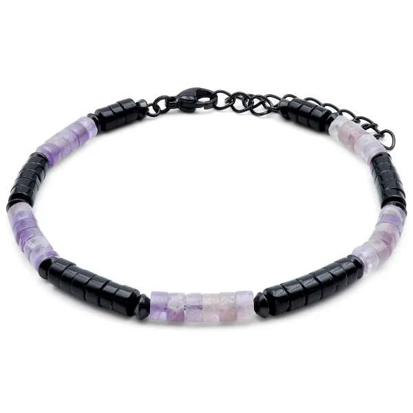 Bracelet acier PVD noir heishi - améthyste - onyx - 18+5cm