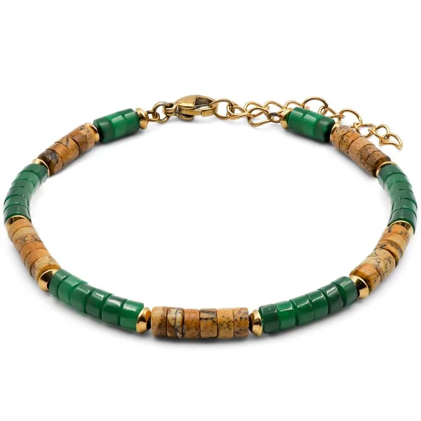 Bracelet acier PVD doré heishi - jaspe brun - malachite - 18+5cm