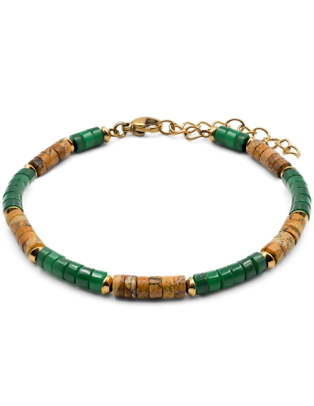 Bracelet acier PVD doré heishi - jaspe brun - malachite - 18+5cm