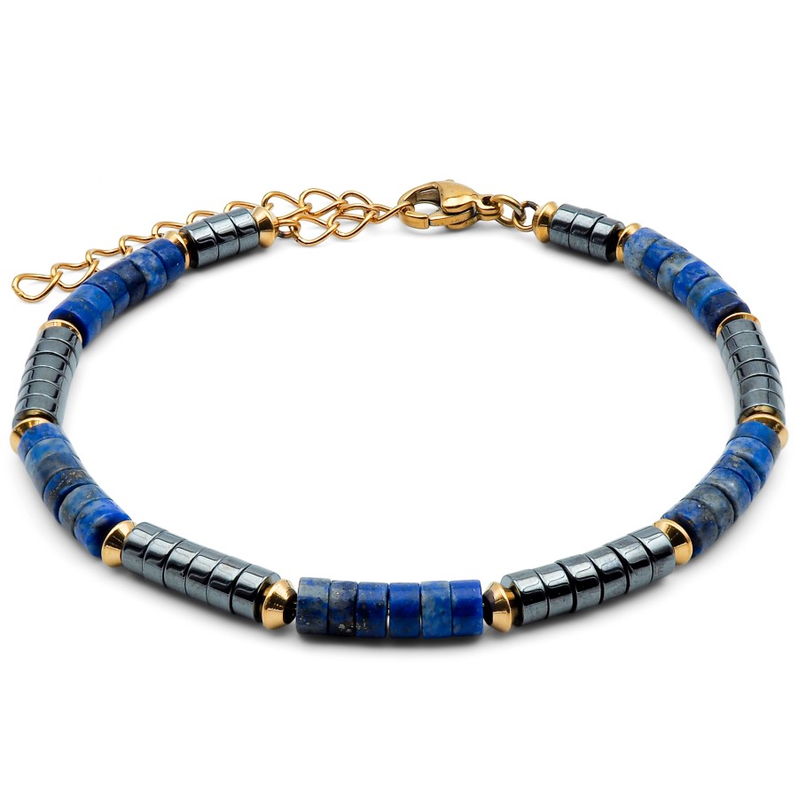 Bracelet acier PVD doré heishi - lapis lazuli - hematite -18+5cm