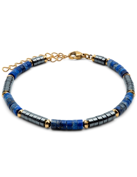 Bracelet acier PVD doré heishi - lapis lazuli - hematite -18+5cm