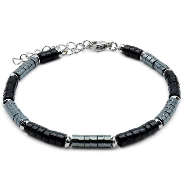 Bracelet acier heishi - onyx - hematite - 18+5cm