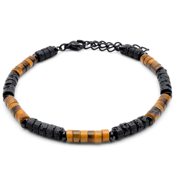 Bracelet acier PVD noir heishi - oeil de tigre - pierre de lave - 18+5cm