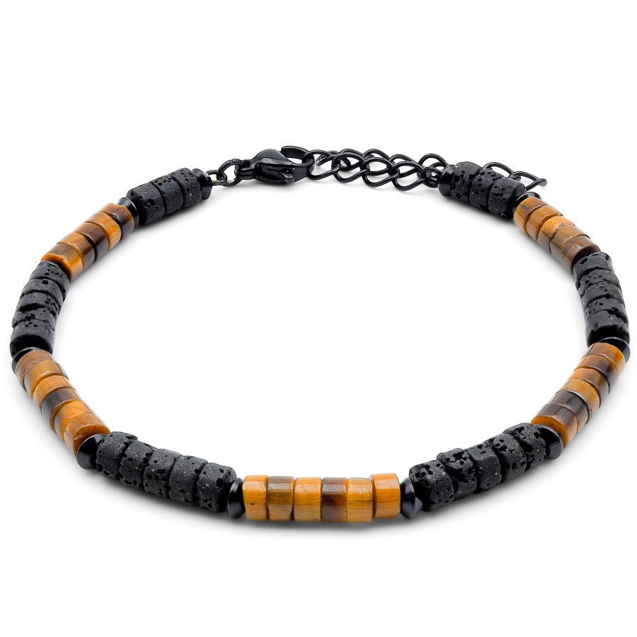 Bracelet acier PVD noir heishi - oeil de tigre - pierre de lave - 18+5cm