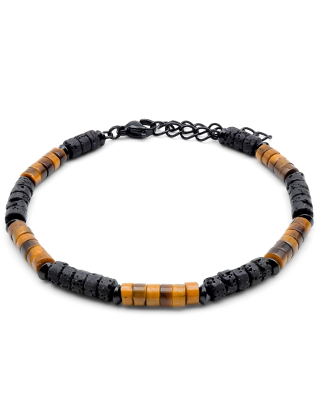 Bracelet acier PVD noir heishi - oeil de tigre - pierre de lave - 18+5cm