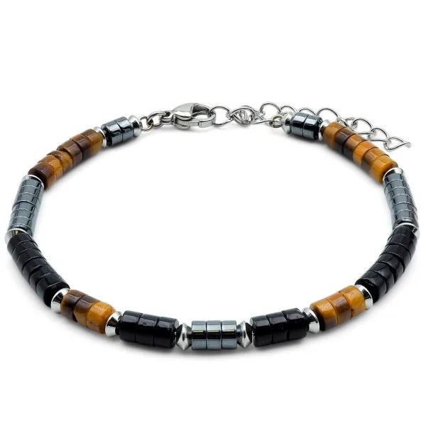 Bracelet acier heishi - oeil de tigre - onyx - hematite - 18+5cm