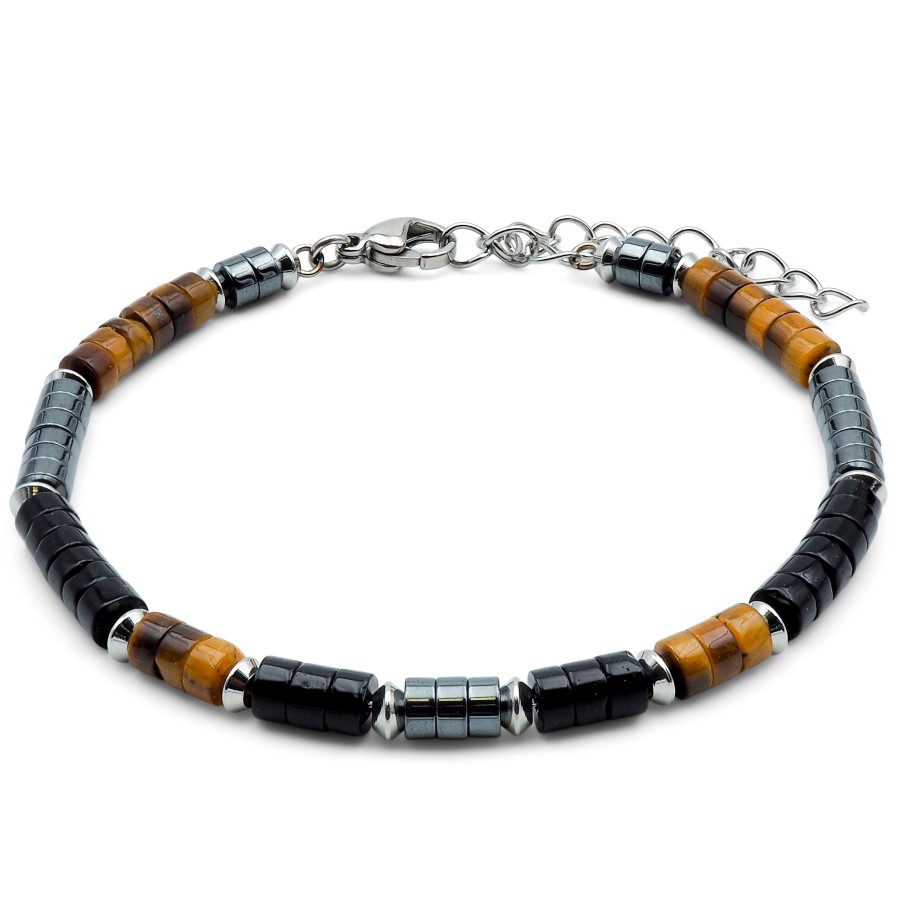 Bracelet acier heishi - oeil de tigre - onyx - hematite - 18+5cm
