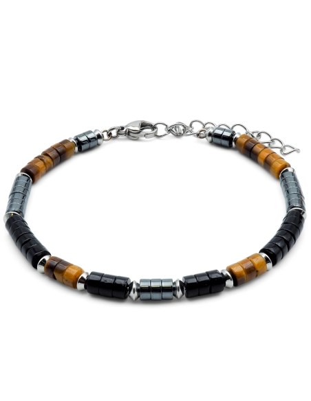 Bracelet acier heishi - oeil de tigre - onyx - hematite - 18+5cm