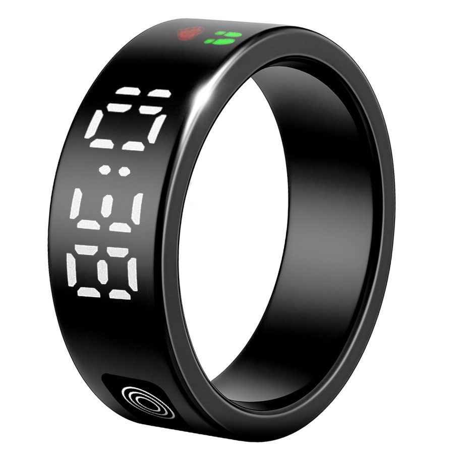 Bague connectée Toltek "Pixel Nera" - écran LCD - acier PVD noir - Largeur 8mm - Taille 57,60,62,65,67,70