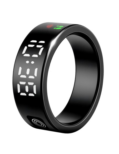 Bague connectée Toltek "Pixel Nera" - écran LCD - acier PVD noir - Largeur 8mm - Taille 57,60,62,65,67,70