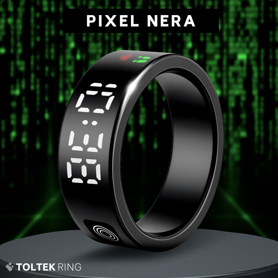 Bague connectée Toltek "Pixel Nera" - écran LCD - acier PVD noir - Largeur 8mm - Taille 57,60,62,65,67,70