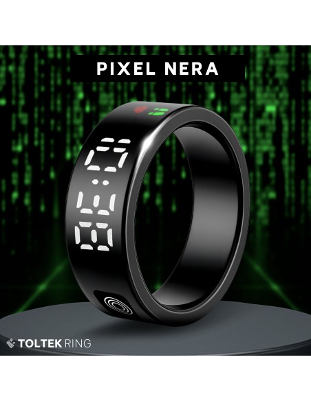 Bague connectée Toltek "Pixel Nera" - écran LCD - acier PVD noir - Largeur 8mm - Taille 57,60,62,65,67,70