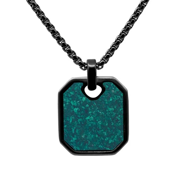 Collier en acier - PVD noir - malachite inscrustée - pendant 23x20mm - 45+10cm