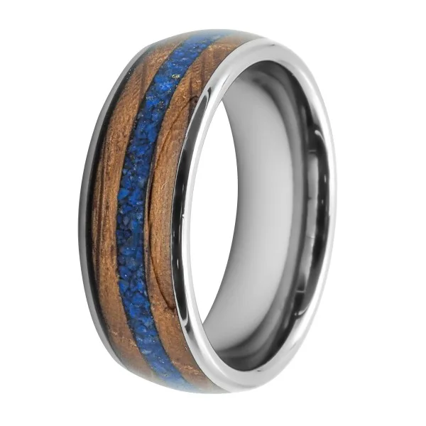 Bague en tungstène - bois & lapis lazuli inscrustés - largeur 8mm - Taille 58 à 68