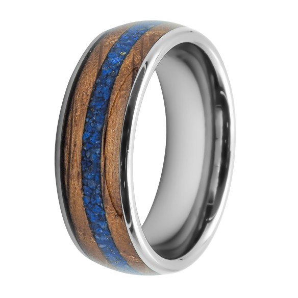 Bague en tungstène - bois & lapis lazuli inscrustés - largeur 8mm - Taille 58 à 68