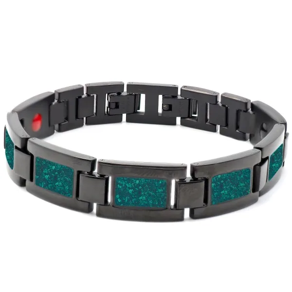 Bracelet magnétique en acier - PVD noir - malachite inscrustée - largeur 12mm - 21cm