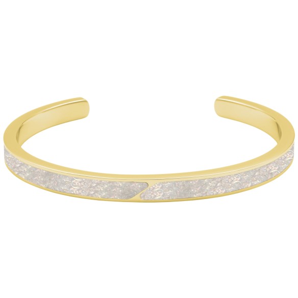Jonc acier PVD doré - imitation opale blanche - largeur 5mm