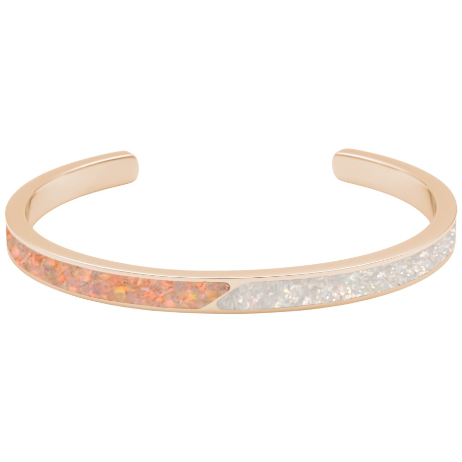 Jonc acier PVD rosé - imitation opale blanche et rose - largeur 5mm