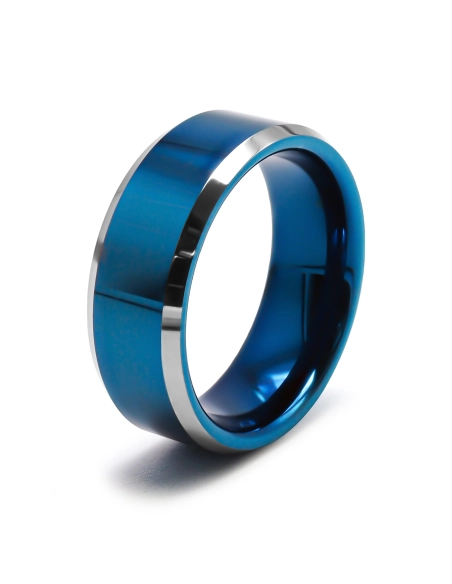 Bague tungstène 2 tons - argent - PVD Bleu - largeur 8 mm - Toltek