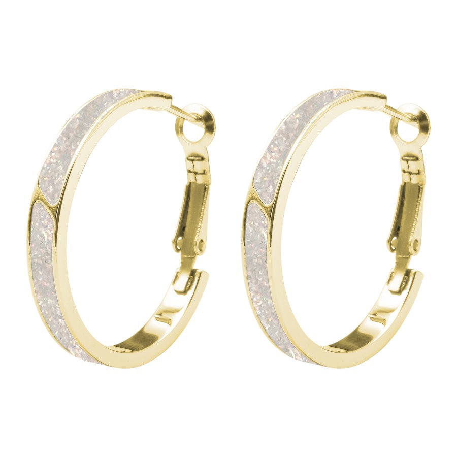 Boucles d'oreille acier PVD doré - imitation opale blanche - largeur 4mm - diamètre. 30mm