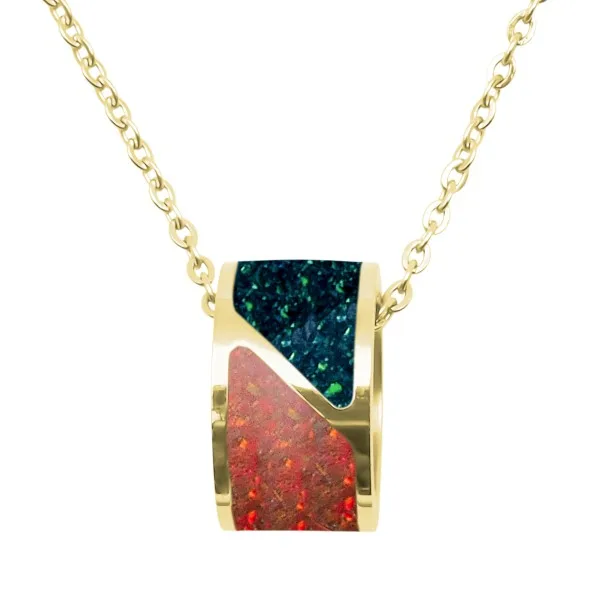 Collier acier PVD doré - imitation opale rubis / vert - largeur 8mm - 40+5cm