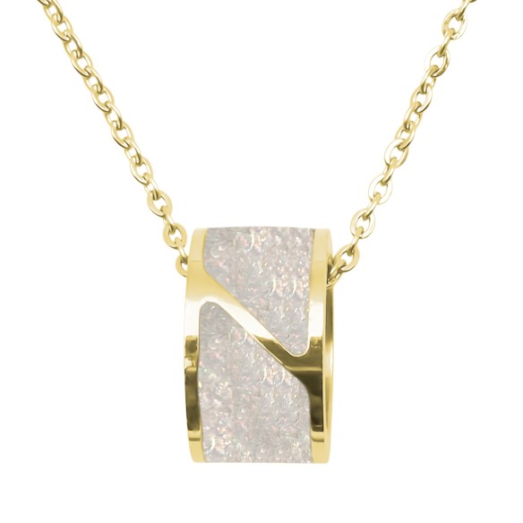 Collier acier PVD doré - imitation opale blanche - largeur 8mm - 40+5cm