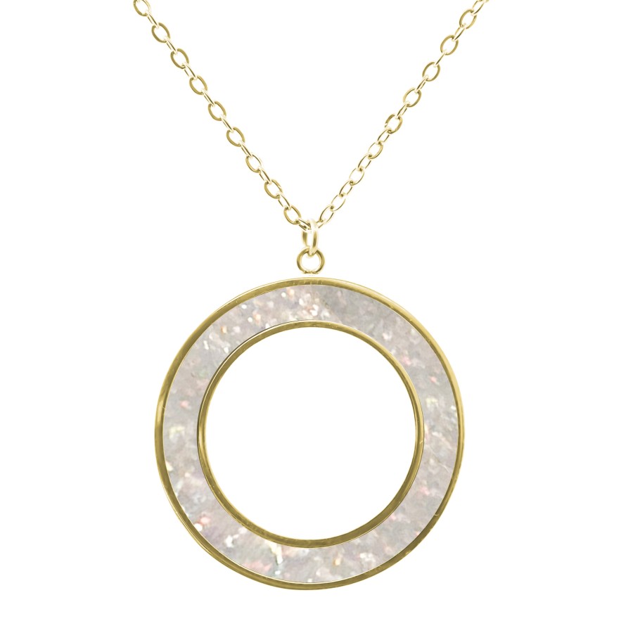 Collier acier PVD doré - imitation opale blanche - largeur 5mm - 45+5cm