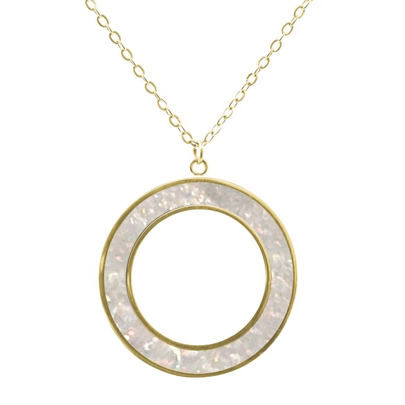 Collier acier PVD doré - imitation opale blanche - largeur 5mm - 45+5cm