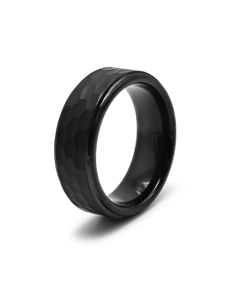 Bague tungstènte PVD noir - largeur 8 mm - deux bandes lisses de ch...