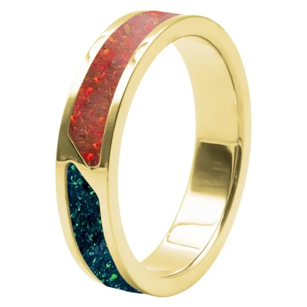 Bague acier PVD doré - imitation opale rubis / vert - largeur 5mm - Taille 50 à 60