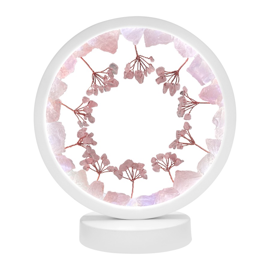 Lampe pierres naturelles Angelight - support blanc - Quartz Rose - arbre de vie - diamètre 18cm