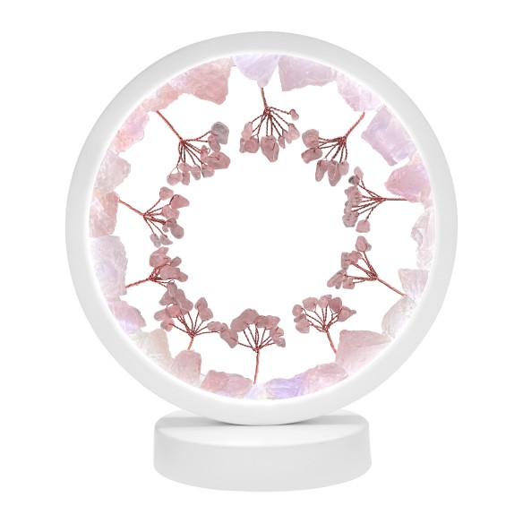 Lampe pierres naturelles Angelight - support blanc - Quartz Rose - arbre de vie - diamètre 18cm