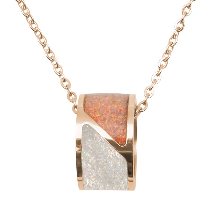 Collier acier PVD rosé -imitation opale blanche et rose - largeur 8mm - 40+5cm