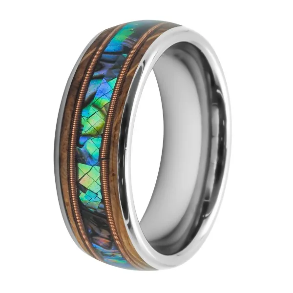 Bague en tungstène - bois & nacre abalone inscrustés - largeur 8mm - Taille 58 à 68