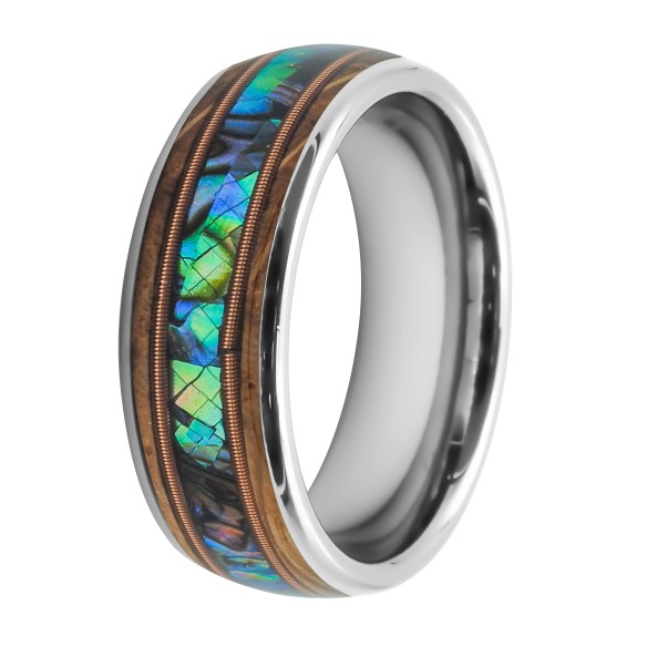 Bague en tungstène - bois & nacre abalone inscrustés - largeur 8mm - Taille 58 à 68