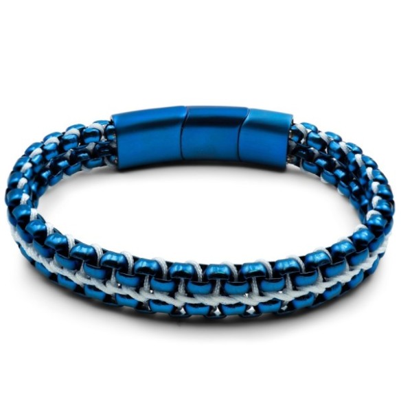 Bracelet acier PVD bleu - corde blanc - 21 +1,5cm