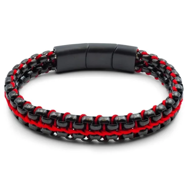 Bracelet acier PVD noir - corde rouge - 21+1,5cm