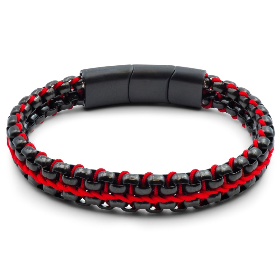 Bracelet acier PVD noir - corde rouge - 21+1,5cm
