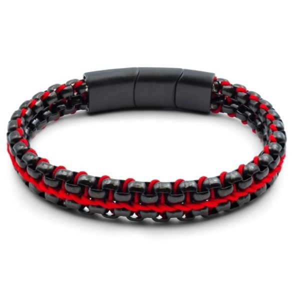 Bracelet acier PVD noir - corde rouge - 21+1,5cm
