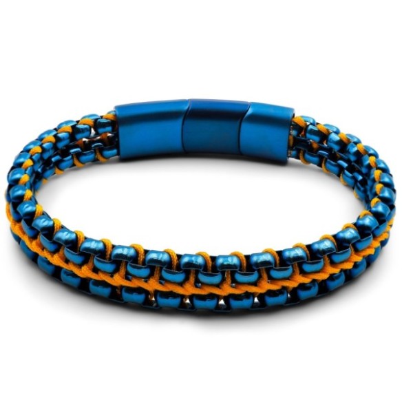 Bracelet acier PVD bleu - corde orange - 21,5+1,5cm