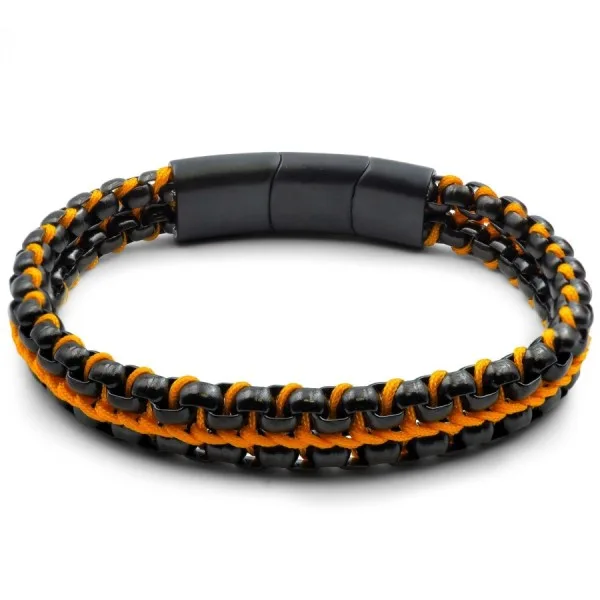 Bracelet acier PVD noir - corde orange - 21,5+1,5cm