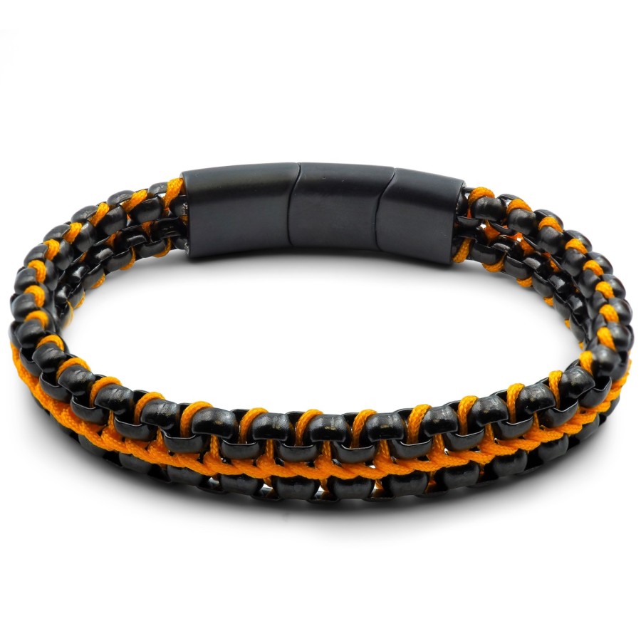 Bracelet acier PVD noir - corde orange - 21,5+1,5cm
