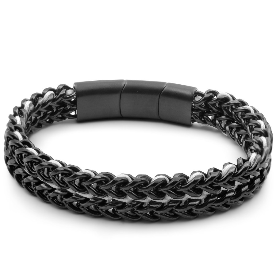 Bracelet acier PVD noir - corde blanche - 20,5+1,5cm