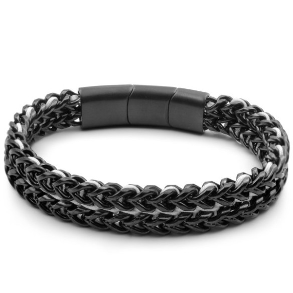 Bracelet acier PVD noir - corde blanche - 20,5+1,5cm