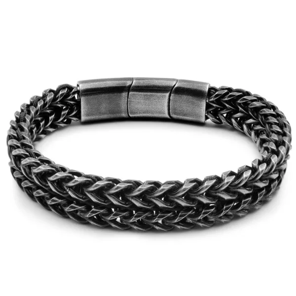 Bracelet acier vieilli - corde marron - 20,5+1,5cm
