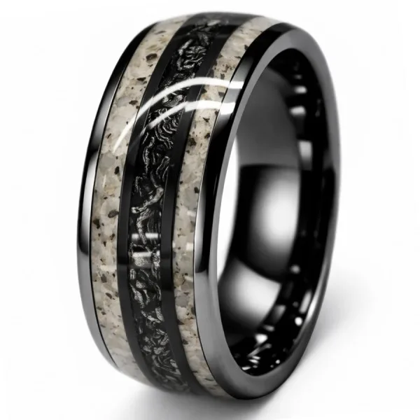 Bague en tungstène - PVD noir - "Flame Stone" noire et blanche incrustée - largeur 8mm - Taille 58 à 68